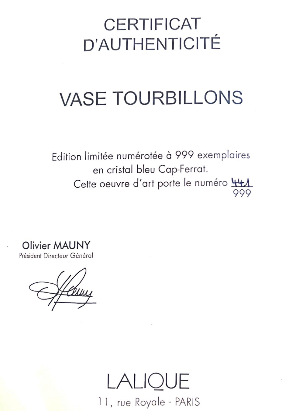 Lalique Tourbillons – Limitierte Vase in Cap-Ferrat Blau  Limitierte Edition: 441/999 Exemplare